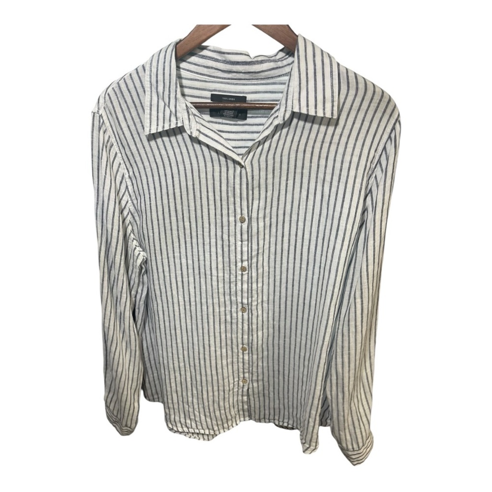 Tahari 100% Linen Blue and White Striped Shirt Button Up Shirt Size  XL - Picture 6 of 16